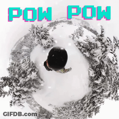 A Snowy Landscape With The Words Pow Pow Above GIF