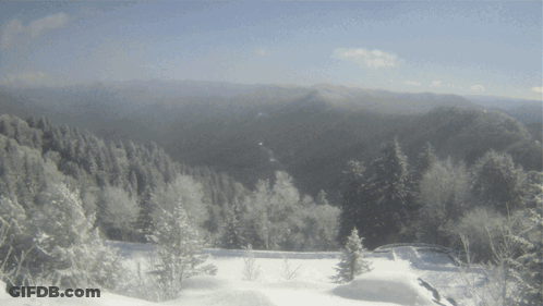 A Snowy Landscape With Trees Covered In Snow And Mountains In The Background GIF