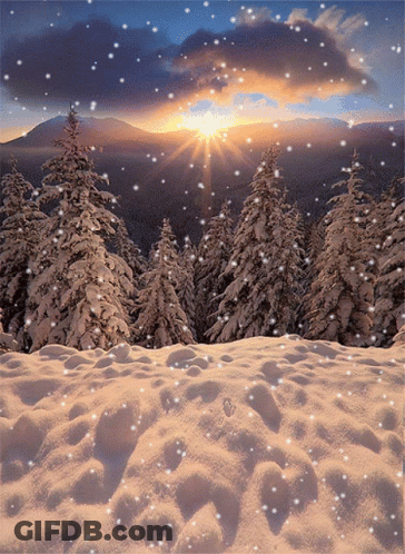 A Snowy Landscape With Trees In The Background And The Sun Shining Through The Clouds GIF
