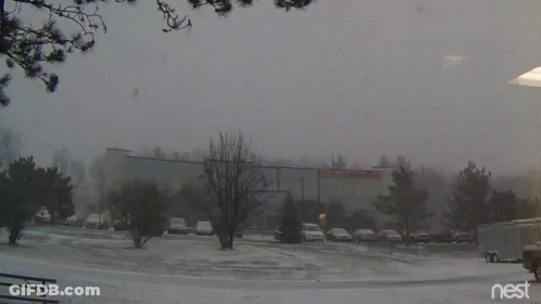 A Snowy Parking Lot In Front Of A Building With The Word Nest On The Bottom GIF