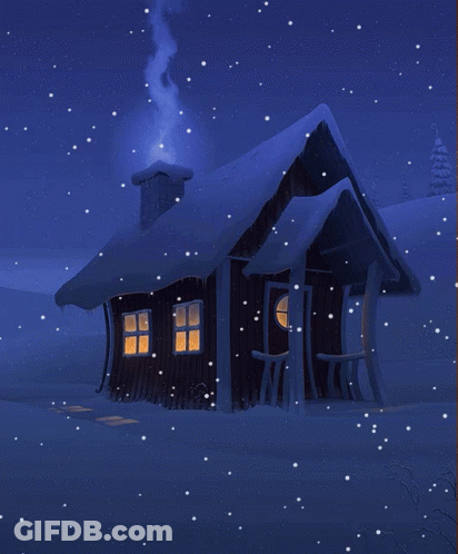 A Snowy Scene With A House In The Foreground And Smoke Coming Out Of The Chimney GIF