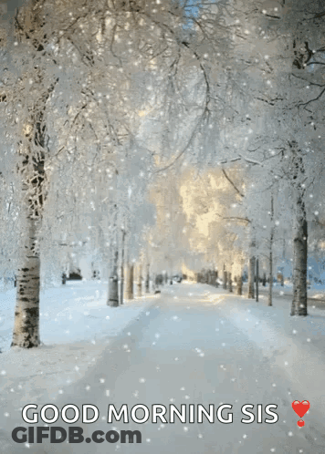 A Snowy Scene With The Words Good Morning Sis Written On It GIF