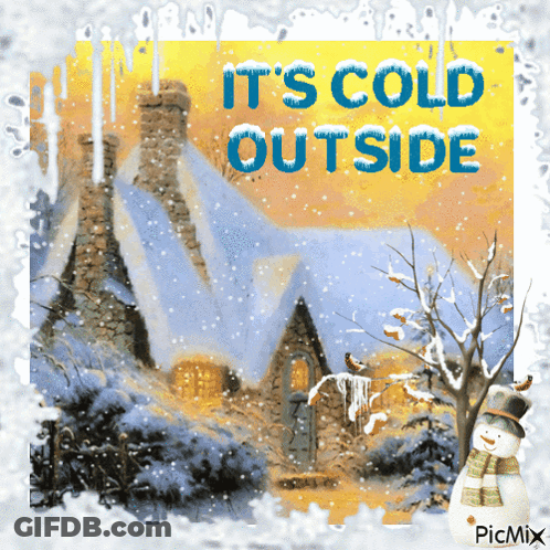 A Snowy Scene With The Words It 'S Cold Outside Written On It GIF