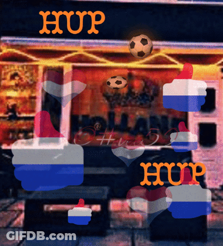 A Soccer Ball Flies In Front Of A Building That Says Hup GIF
