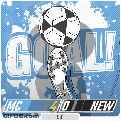 A Soccer Ball Is Being Kicked By A Boot With The Words Goal Mc 40 New Below It GIF