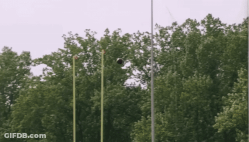 A Soccer Ball Is Flying Through The Air In Front Of A Forest GIF