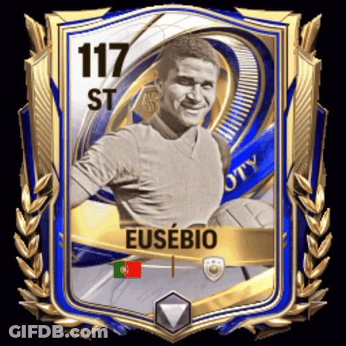 A Soccer Card With The Name Eusebio And The Number 117 GIF