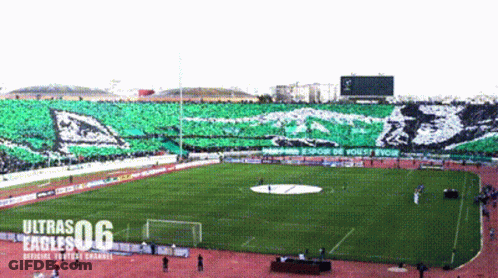 A Soccer Field With A Banner That Says Ultras 06 Eagles On It GIF