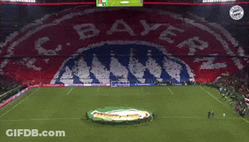 A Soccer Field With A Large Bayer Logo On The Field GIF