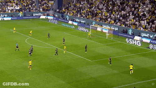 A Soccer Field With Ads For Kafd And Shg On The Side GIF