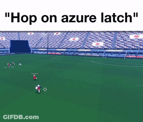 A Soccer Field With The Words " Hop On Azure Latch " On The Top GIF
