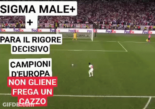 A Soccer Field With The Words Sigma Male + Para Il Rigore Decisivo Campioni D' Europa Non Gliene Frega Un Cazzo GIF