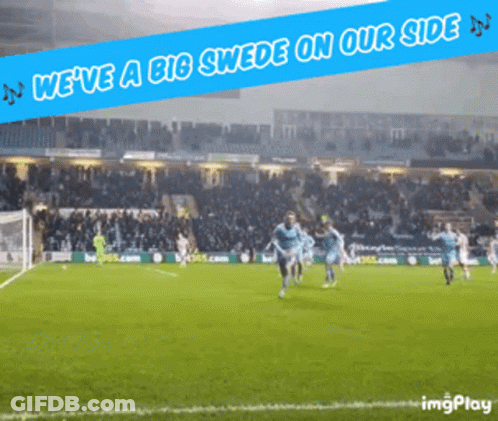 A Soccer Field With The Words We 'Ve A Big Swede On Our Side Above It GIF