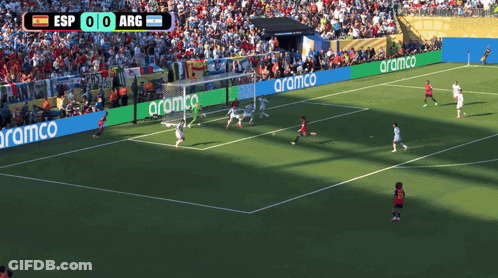 A Soccer Game Between Esp And Arg With Aramco Advertisements On The Sidelines GIF