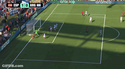 A Soccer Game Between Esp And Arg With Aramco Advertising On The Sidelines GIF