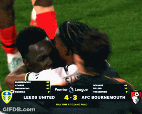A Soccer Game Between Leeds United And Afc Bournemouth With The Score 4-3 GIF