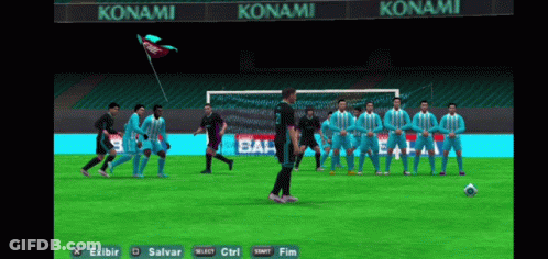 A Soccer Game Is Being Played In A Konami Sponsored Stadium GIF