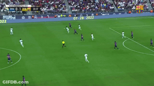 A Soccer Game Is Being Played In A Stadium Sponsored By Nft Fc Barcelona GIF