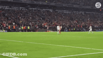 A Soccer Game Is Being Played In A Stadium With A Sign That Says ' Bayern ' On It GIF