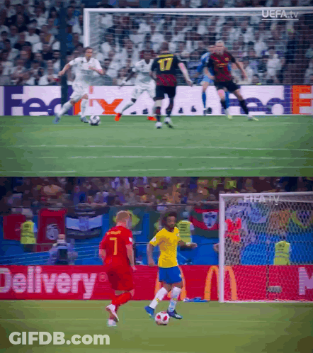 A Soccer Game Is Being Played In Front Of A Fedex And Mcdonald 'S Advertisement GIF
