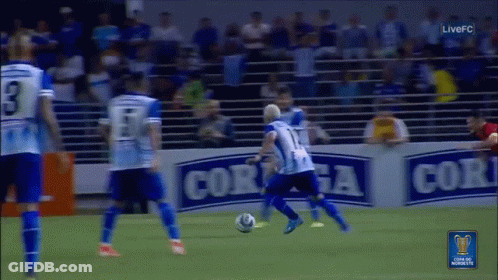 A Soccer Game Is Being Played In Front Of A Sign That Says Corga GIF
