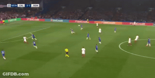 A Soccer Game Is Underway With The Scoreboard Showing Chl 2-1 Rom GIF