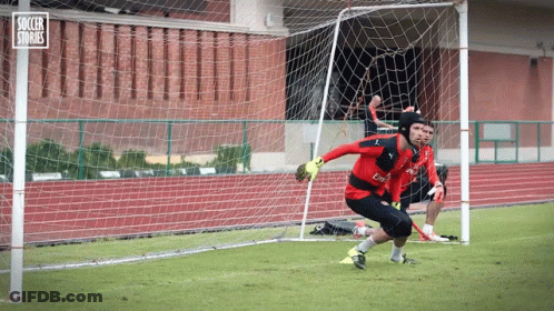 A Soccer Goalie In A Red Jersey With Fly Emirates Written On It GIF