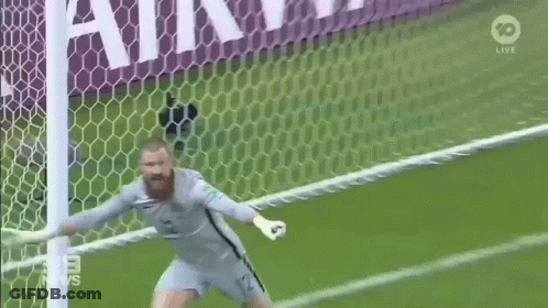 A Soccer Goalie Is Celebrating A Goal With His Arms Outstretched During A Game . GIF
