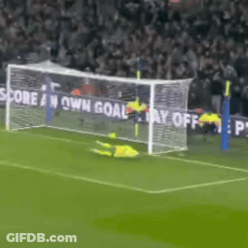 A Soccer Goalie Is Diving To Catch A Ball In Front Of A Sign That Says Score An Own Goal GIF