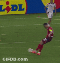 A Soccer Goalie Jumps To Catch A Soccer Ball In Front Of A Sign That Says Lidl GIF