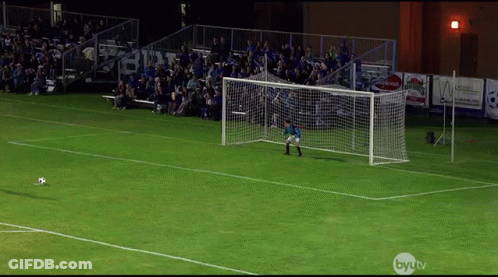 A Soccer Goalie Stands In Front Of A Net With A Byu Tv Logo In The Corner GIF