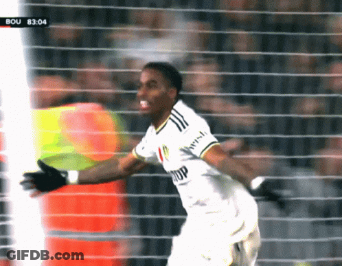 A Soccer Player Celebrates A Goal During A Game With The Time Of 83:04 On The Screen GIF