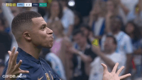 A Soccer Player Celebrates A Goal In Front Of A Crowd With Bbc Arg And Fra Written On The Screen GIF