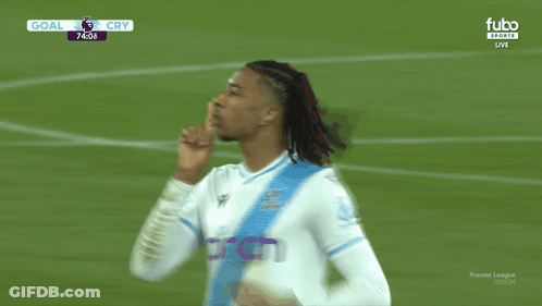 A Soccer Player Holds His Finger To His Mouth During A Match On Fubo Sports GIF