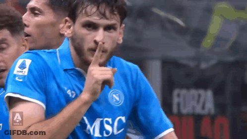 A Soccer Player In A Blue Msc Jersey Holds His Finger To His Lips GIF