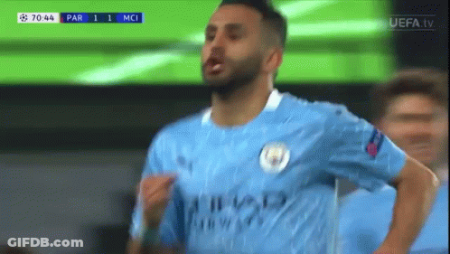A Soccer Player In A Blue Shirt Is Celebrating A Goal GIF
