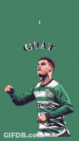 A Soccer Player In A Green And White Jersey With The Word Goat Above Him GIF