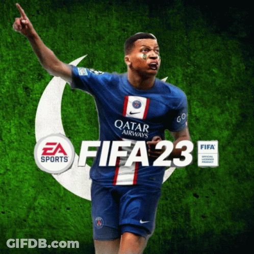 A Soccer Player In A Qatar Airways Jersey Is On A Fifa 23 Poster GIF