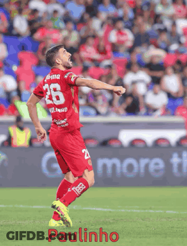 A Soccer Player In A Red Jersey With The Number 28 On It GIF