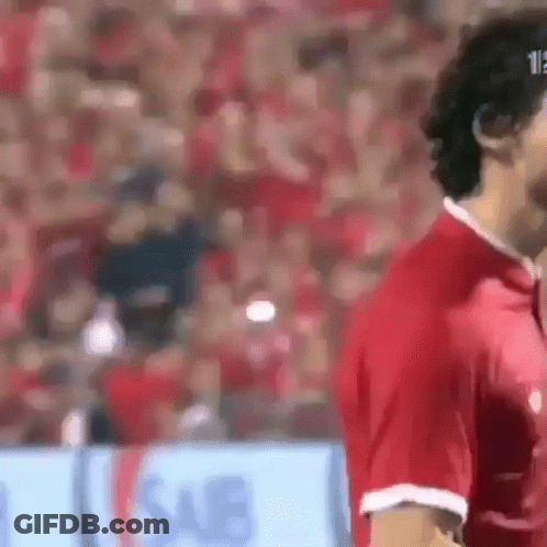 A Soccer Player In A Red Shirt Is Standing In Front Of A Crowd . GIF