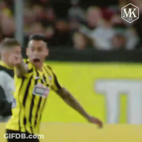 A Soccer Player In A Yellow And Black Striped Shirt Is Screaming On The Field . GIF