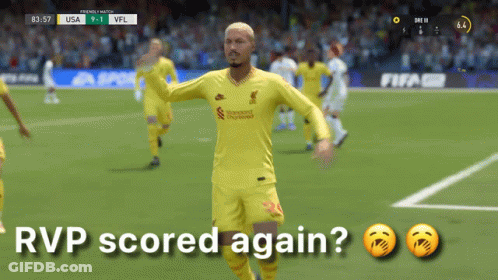A Soccer Player In A Yellow Jersey With The Words " Rvp Scored Again " On The Bottom GIF