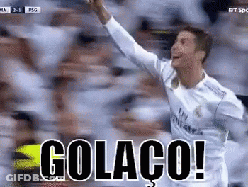 A Soccer Player Is Celebrating A Goal In Front Of A Crowd With The Word Golaco Written On The Screen . GIF