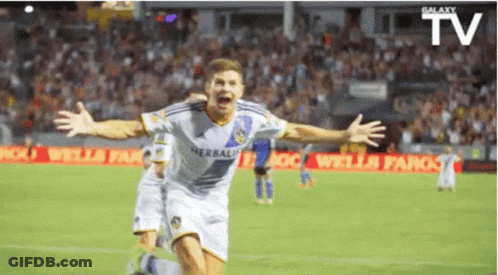 A Soccer Player Is Celebrating A Goal With His Arms Outstretched GIF