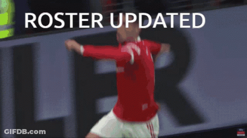A Soccer Player Is Jumping In The Air In Front Of A Crowd With The Words " Roster Updated " Above Him GIF