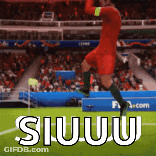 A Soccer Player Is Jumping In The Air On A Soccer Field With The Words Siuuu Written In White GIF