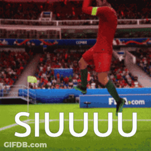 A Soccer Player Is Jumping In The Air With The Word Siuuuu Written Below Him GIF