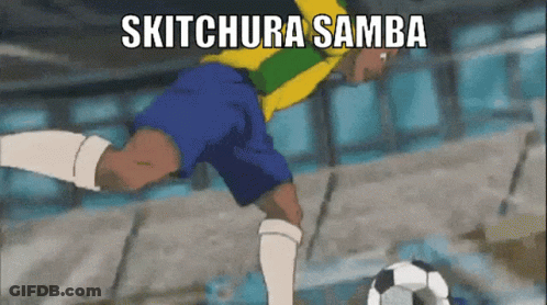 A Soccer Player Is Kicking A Soccer Ball And The Words Skitchura Samba Are On The Screen GIF