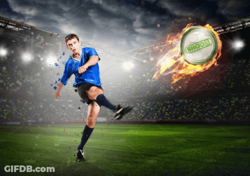 A Soccer Player Is Kicking A Soccer Ball With A Shoo9 Logo On It GIF