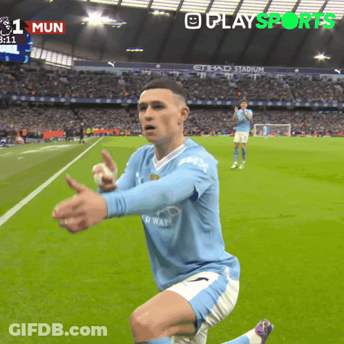 A Soccer Player Is Kneeling On The Field With A Playsports Logo In The Background GIF